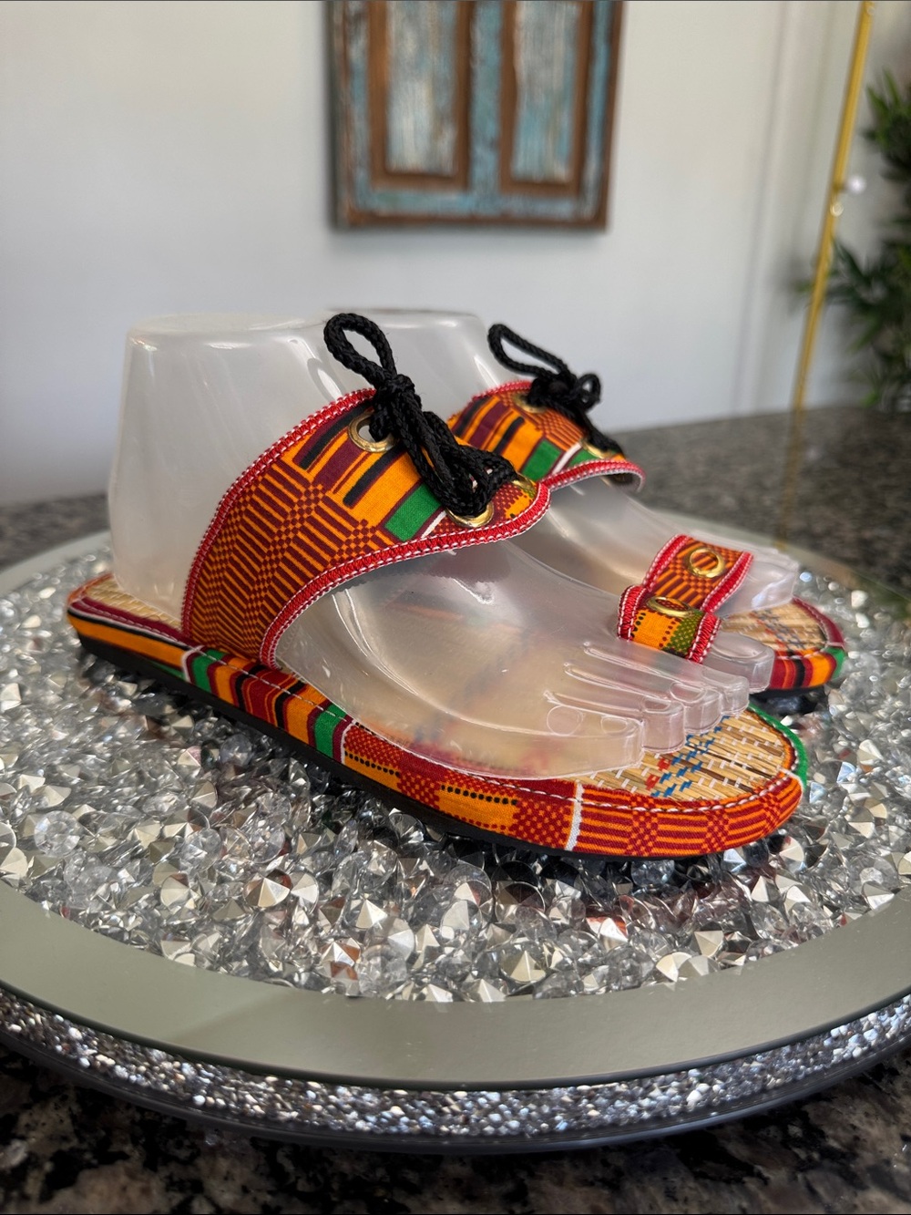 Kente Print Slide Sandals with Toe Loop and Lace Accent NEW